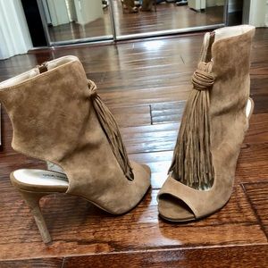 Swede ankle boots With cut out back and open toes. 3.5 to 4 inch heel